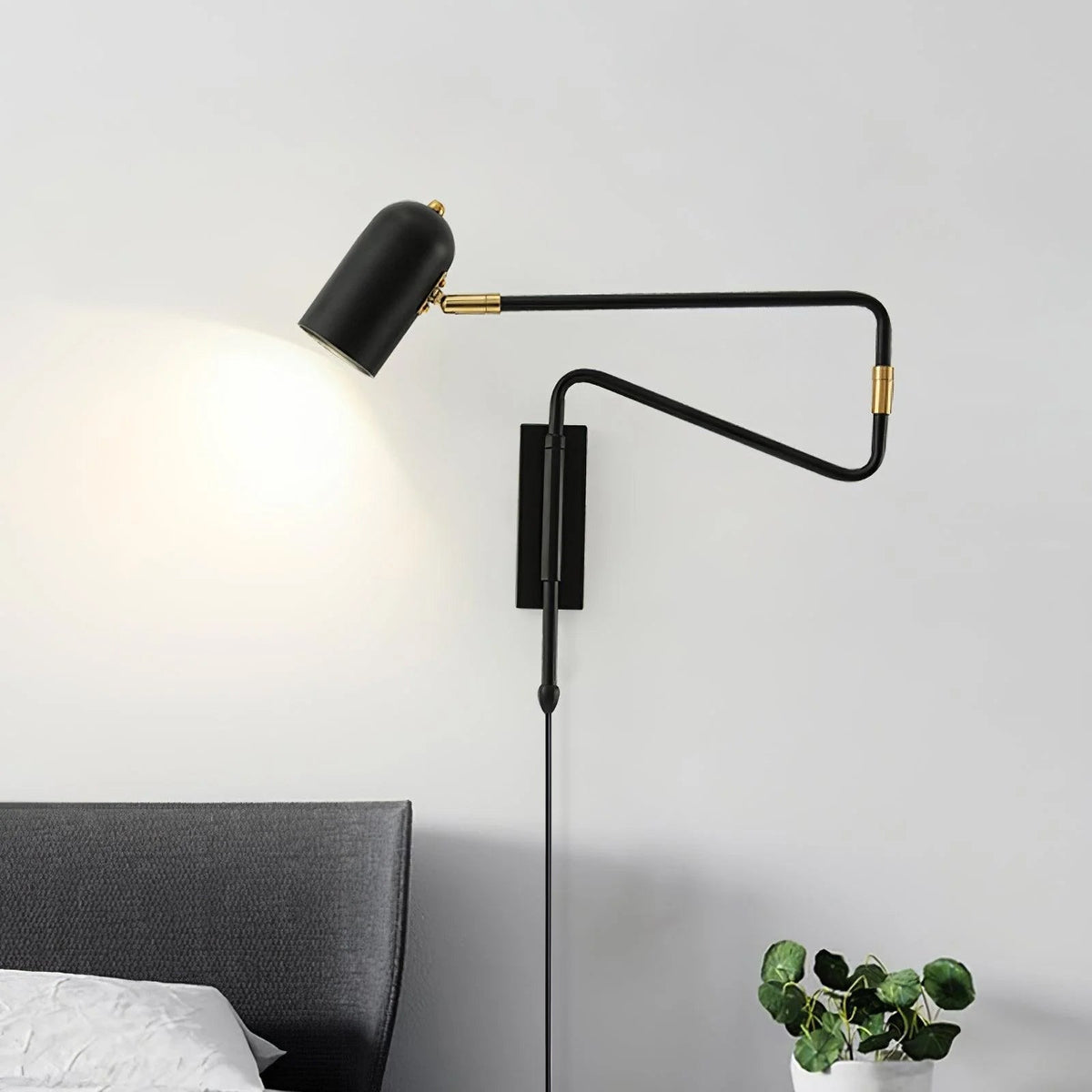 Swing-Arm Reading Sconce with Rotating Shade Metal Plug-In Fixture Black & Gold Finish for Bedroom Living Room Study Nook Task Lighting