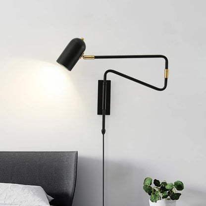 Swing-Arm Reading Sconce with Rotating Shade Metal Plug-In Fixture Black & Gold Finish for Bedroom Living Room Study Nook Task Lighting