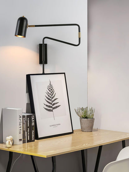 Swing-Arm Reading Sconce with Rotating Shade Metal Plug-In Fixture Black & Gold Finish for Bedroom Living Room Study Nook Task Lighting