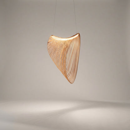 Woven Wood LED Ceiling Fixture 31 in Diameter Organic Sculptural Hanging Light Natural Tone for Dining Kitchen Island Adjustable Cord Scandi