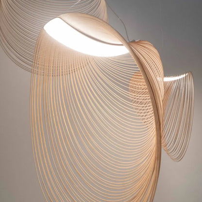 Woven Wood LED Ceiling Fixture 31 in Diameter Organic Sculptural Hanging Light Natural Tone for Dining Kitchen Island Adjustable Cord Scandi