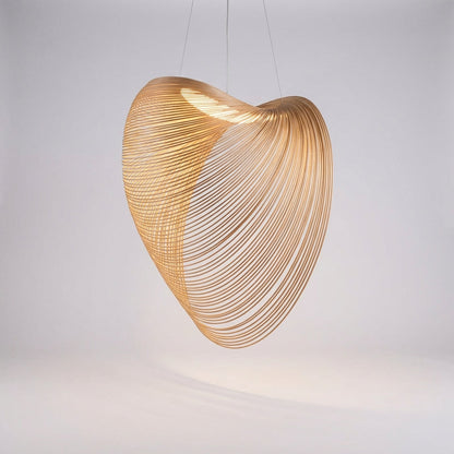 Woven Wood LED Ceiling Fixture 31 in Diameter Organic Sculptural Hanging Light Natural Tone for Dining Kitchen Island Adjustable Cord Scandi