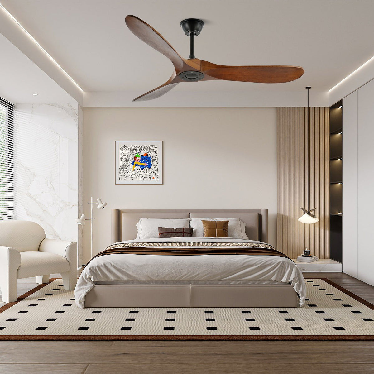 DC Motor Ceiling Fan with Wooden Blades 42 or 52 Inch Diameter Remote Control Indoor Air Circulation for Bedrooms Living Rooms Offices Low N