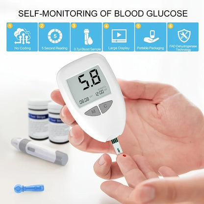 Kit de lecteur de glycémie avec 50 bandelettes de test et lancettes | Kit de test de glycémie, appareil précis et portable pour un test à domicile facile, kit de test du taux de sucre dans le sang