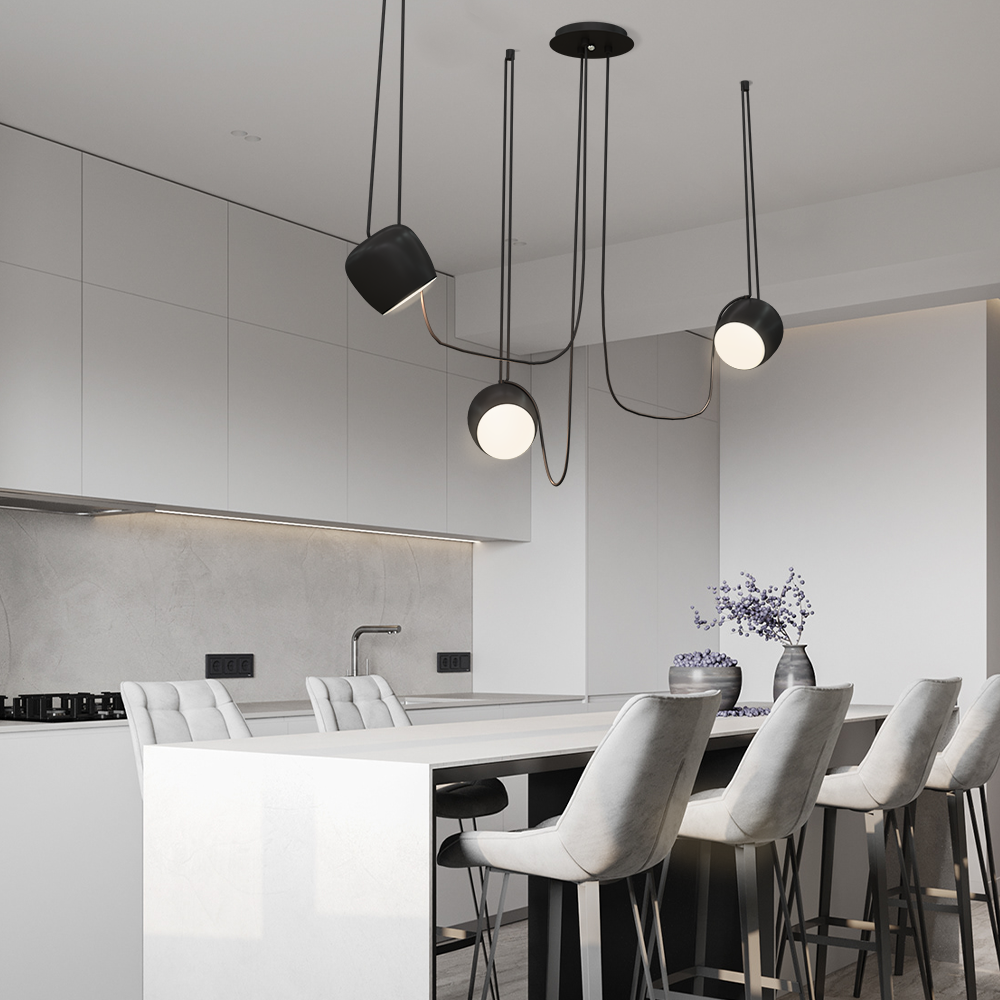 Ceiling Pendant Light Fixture with Adjustable Heads and Cable, 10W LED Dimmable Hanging Lamp, Black Aluminum Modern Lighting for Kitchen Isl
