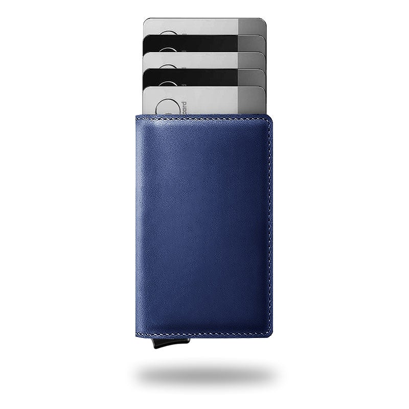 Portefeuille en cuir avec protection RFID et porte-cartes coulissant, 9,4 × 6,6 × 1 cm, mécanisme en aluminium, portefeuille de voyage fin et compact pour poche avant
