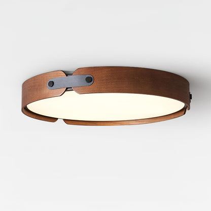 Flush Mount LED Wood Ceiling Light 16.5 in Wireless Dimmer Remote Control for Bedroom Bathroom Hallway Indoor Natural Walnut Finish Low Prof