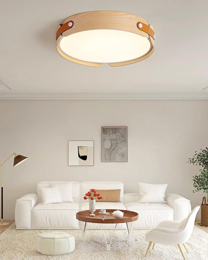 Flush Mount LED Wood Ceiling Light 16.5 in Wireless Dimmer Remote Control for Bedroom Bathroom Hallway Indoor Natural Walnut Finish Low Prof