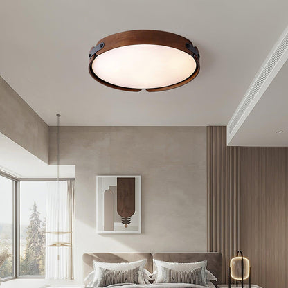 Flush Mount LED Wood Ceiling Light 16.5 in Wireless Dimmer Remote Control for Bedroom Bathroom Hallway Indoor Natural Walnut Finish Low Prof