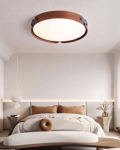 Flush Mount LED Wood Ceiling Light 16.5 in Wireless Dimmer Remote Control for Bedroom Bathroom Hallway Indoor Natural Walnut Finish Low Prof