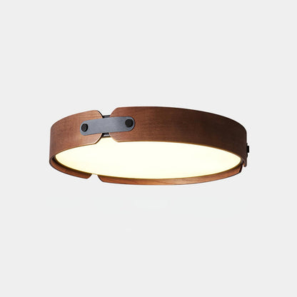 Flush Mount LED Wood Ceiling Light 16.5 in Wireless Dimmer Remote Control for Bedroom Bathroom Hallway Indoor Natural Walnut Finish Low Prof
