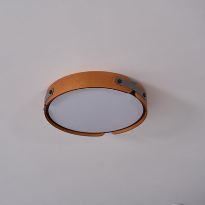 Flush Mount LED Wood Ceiling Light 16.5 in Wireless Dimmer Remote Control for Bedroom Bathroom Hallway Indoor Natural Walnut Finish Low Prof