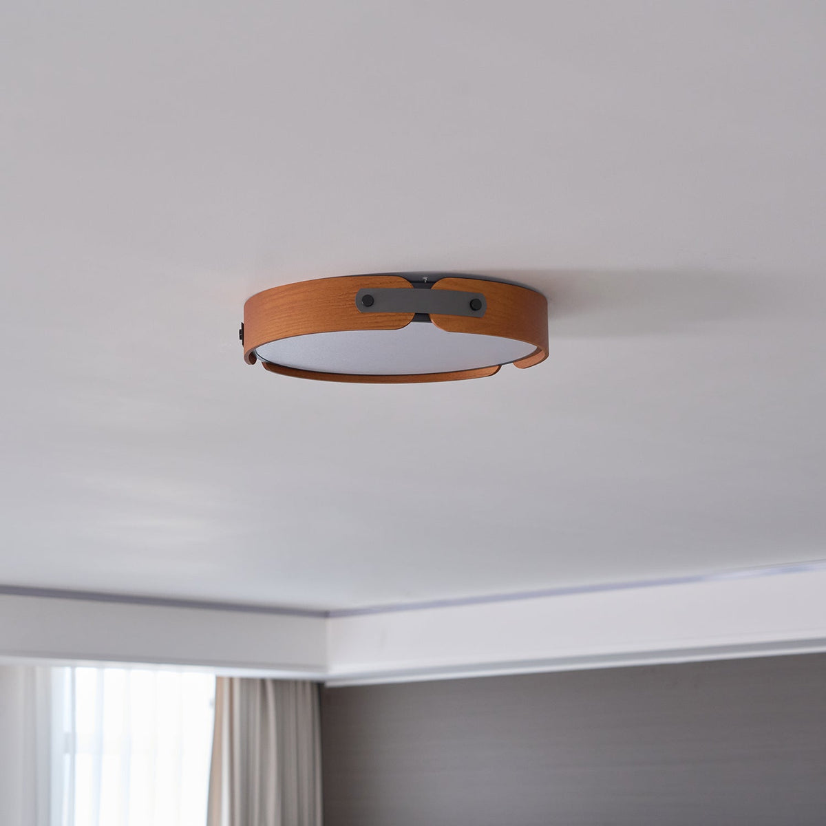 Flush Mount LED Wood Ceiling Light 16.5 in Wireless Dimmer Remote Control for Bedroom Bathroom Hallway Indoor Natural Walnut Finish Low Prof