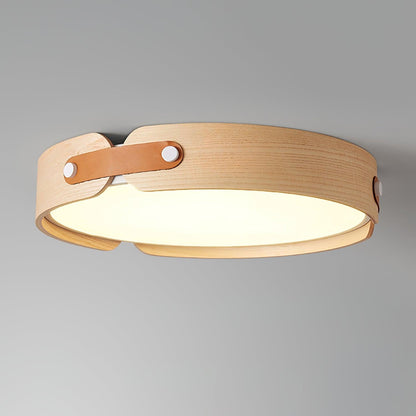 Flush Mount LED Wood Ceiling Light 16.5 in Wireless Dimmer Remote Control for Bedroom Bathroom Hallway Indoor Natural Walnut Finish Low Prof