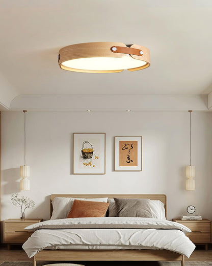 Flush Mount LED Wood Ceiling Light 16.5 in Wireless Dimmer Remote Control for Bedroom Bathroom Hallway Indoor Natural Walnut Finish Low Prof