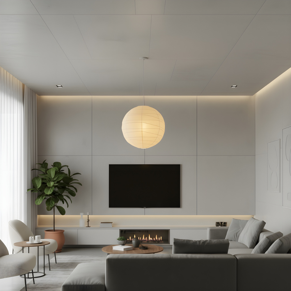 Floating Paper Shade Hanging Light Fixture 22 in White Minimalist Overhead Lamp for Bedroom Dining Room | Soft Ambient Glow Adjustable Drop