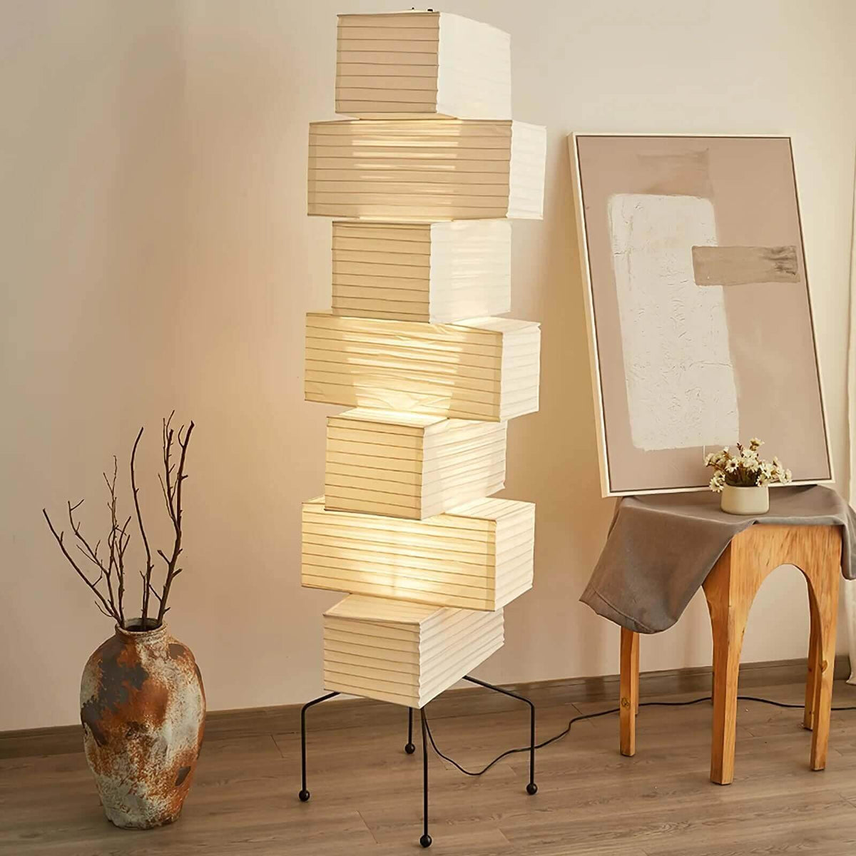Tall Sculptural Paper Shade Floor Lamp 19 in Soft Diffused Light Natural Bamboo for Bedroom Living Room Corner Accent Japandi Minimalist Rea