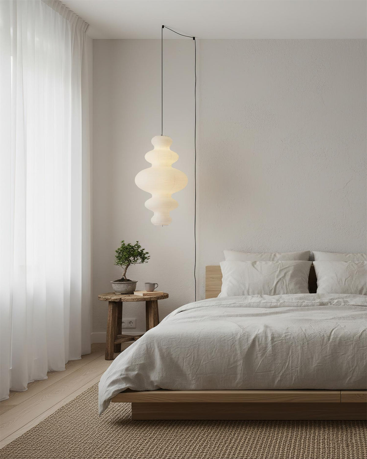 Overhead Suspension Lamp 18.5×32 White Handmade Paper Shade for Dining Table Kitchen Island Contemporary Asian Inspired Ceiling Fixture Adju