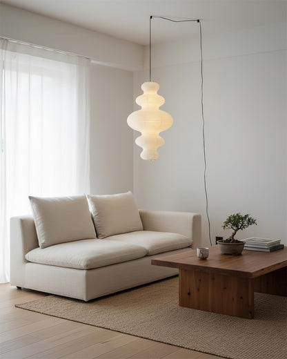 Overhead Suspension Lamp 18.5×32 White Handmade Paper Shade for Dining Table Kitchen Island Contemporary Asian Inspired Ceiling Fixture Adju