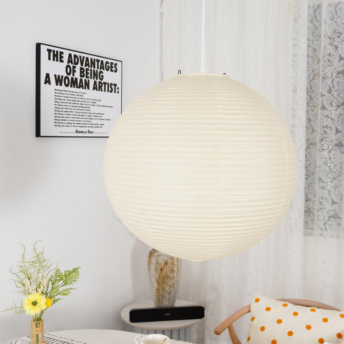 Spherical Wire-Frame Ceiling Fixture with Paper Diffuser for Kitchens & Dining Spaces – Sculptural Overhead Lighting – Adjustable Height Up