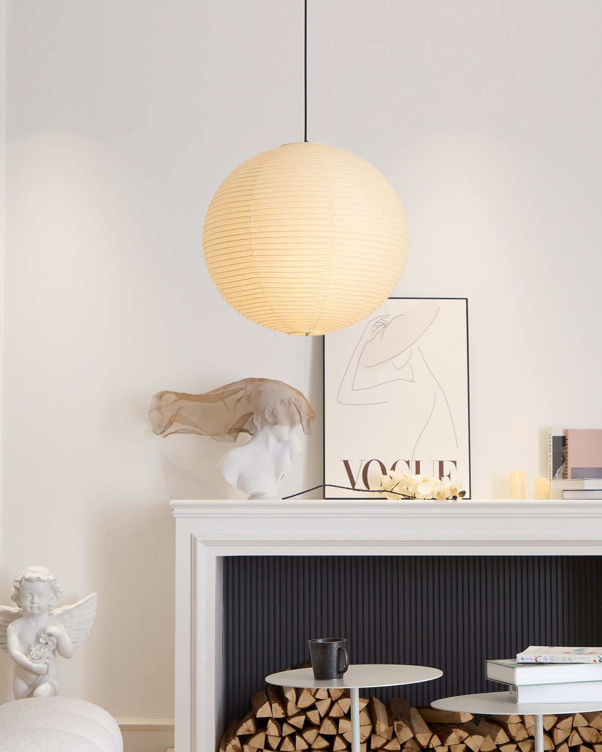 Spherical Wire-Frame Ceiling Fixture with Paper Diffuser for Kitchens & Dining Spaces – Sculptural Overhead Lighting – Adjustable Height Up