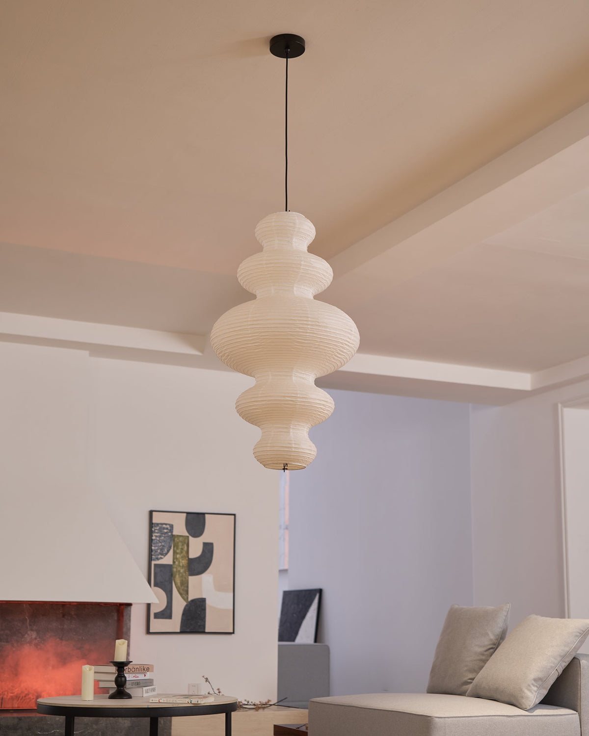 Hanging Lantern Fixture 19-Inch Natural Fiber Shade White Orb Ceiling Light Adjustable 59-Inch Cord for Dining Room Kitchen Island Asian-Ins