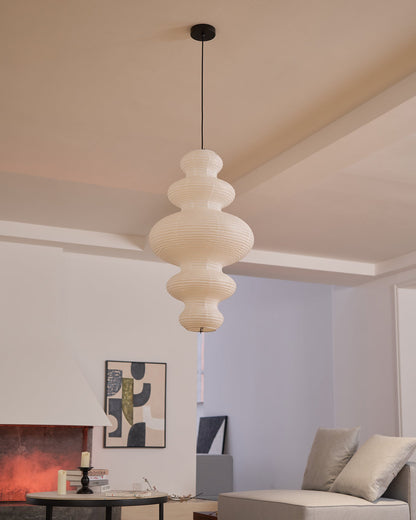 Hanging Lantern Fixture 19-Inch Natural Fiber Shade White Orb Ceiling Light Adjustable 59-Inch Cord for Dining Room Kitchen Island Asian-Ins