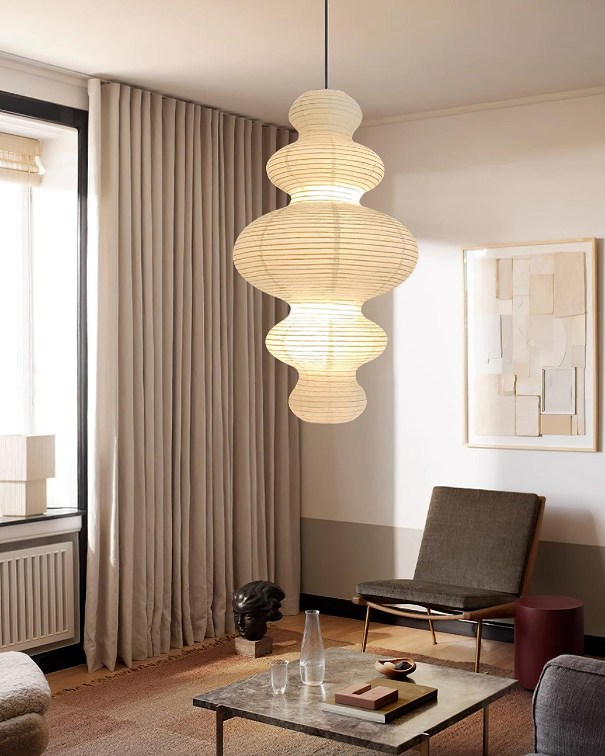 Hanging Lantern Fixture 19-Inch Natural Fiber Shade White Orb Ceiling Light Adjustable 59-Inch Cord for Dining Room Kitchen Island Asian-Ins