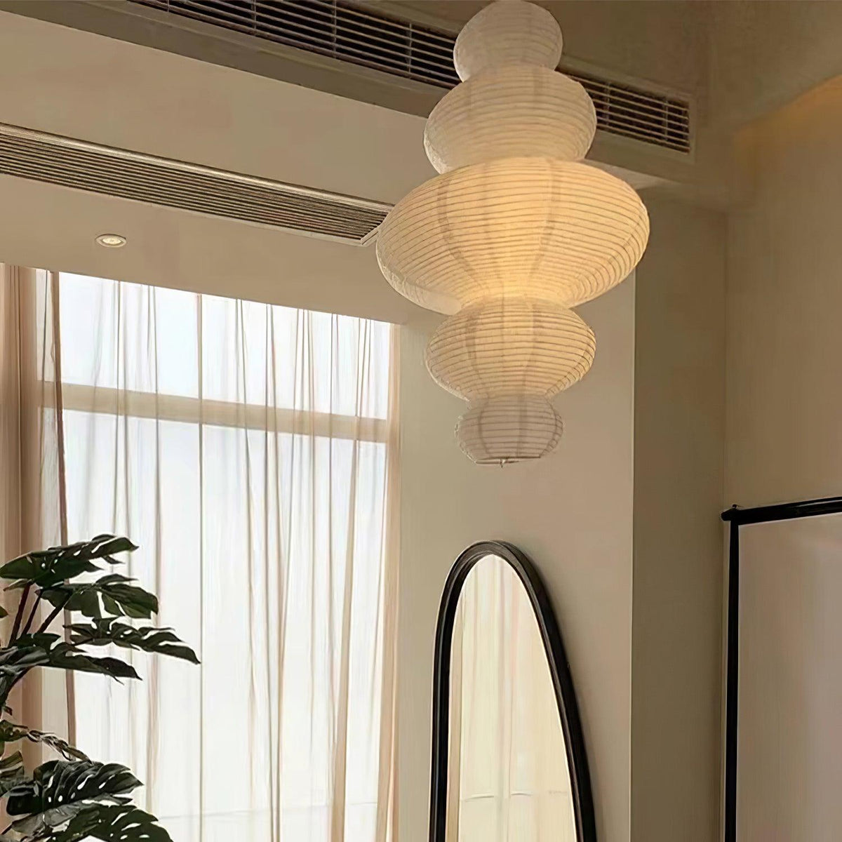 Hanging Lantern Fixture 19-Inch Natural Fiber Shade White Orb Ceiling Light Adjustable 59-Inch Cord for Dining Room Kitchen Island Asian-Ins