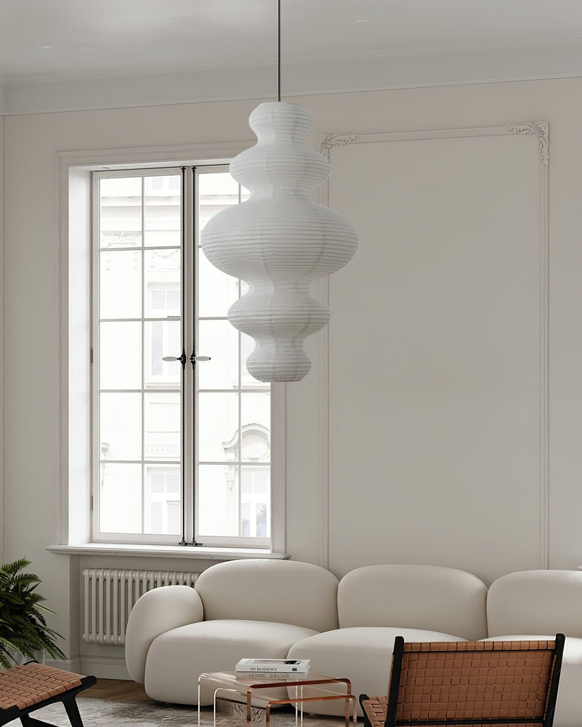 Overhead Suspension Lamp 18.5×32 White Handmade Paper Shade for Dining Table Kitchen Island Contemporary Asian Inspired Ceiling Fixture Adju