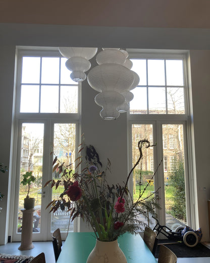 Overhead Suspension Lamp 18.5×32 White Handmade Paper Shade for Dining Table Kitchen Island Contemporary Asian Inspired Ceiling Fixture Adju