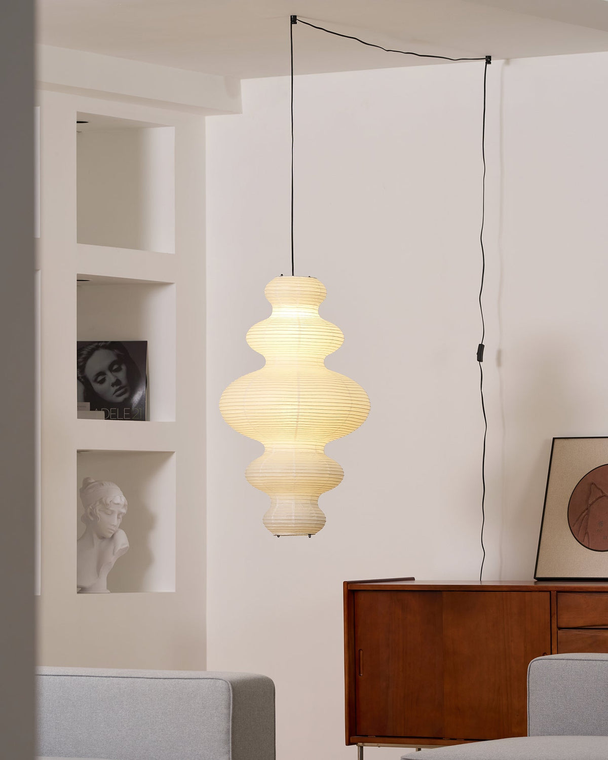 Overhead Suspension Lamp 18.5×32 White Handmade Paper Shade for Dining Table Kitchen Island Contemporary Asian Inspired Ceiling Fixture Adju