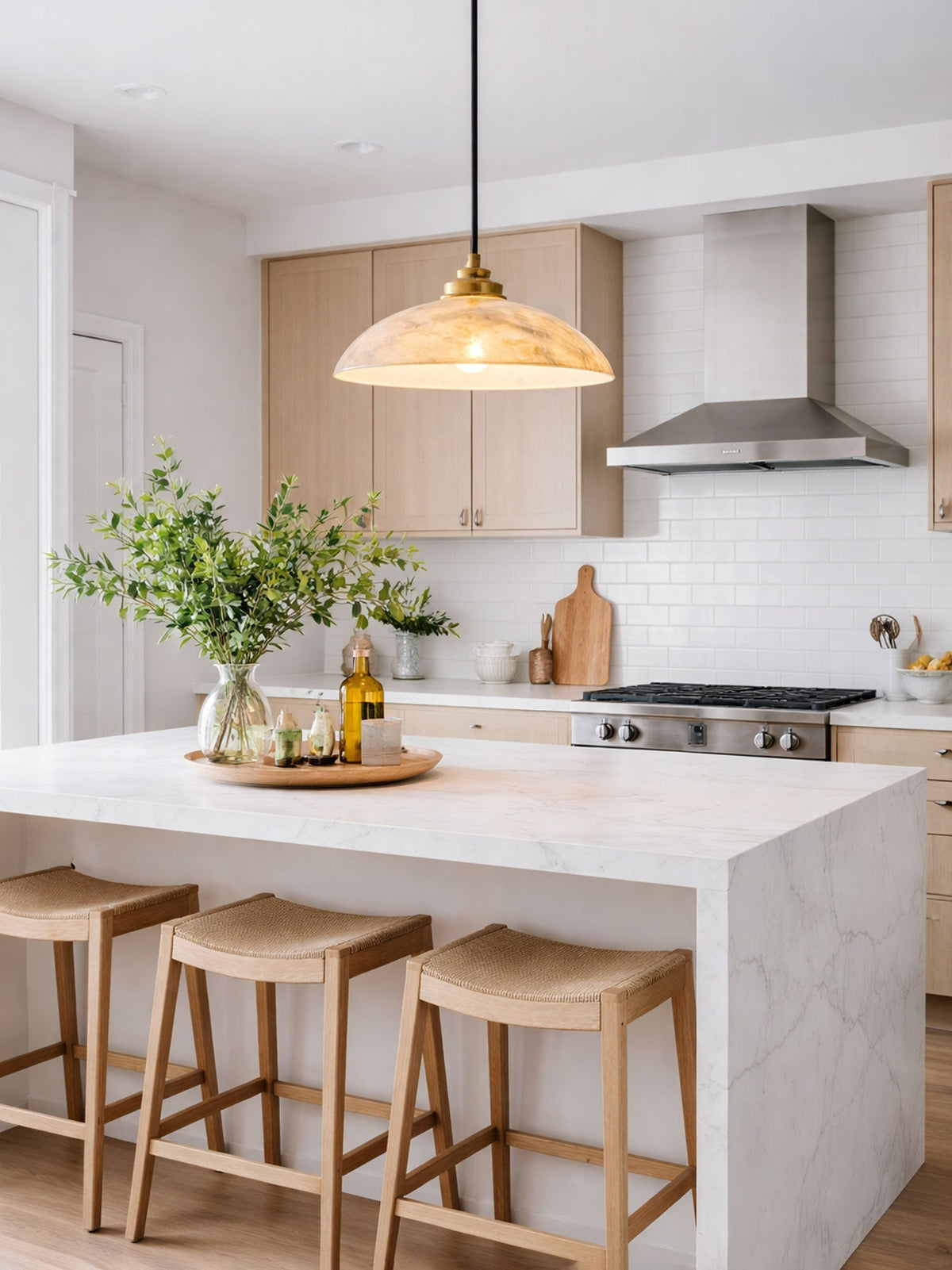 Globe Ceiling Light Fixture White Stone 16-Inch Dome Adjustable Cable Kitchen Island Dining Living Room Suspended Lamp E26 Socket