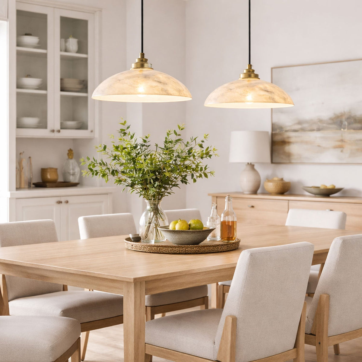 Globe Ceiling Light Fixture White Stone 16-Inch Dome Adjustable Cable Kitchen Island Dining Living Room Suspended Lamp E26 Socket