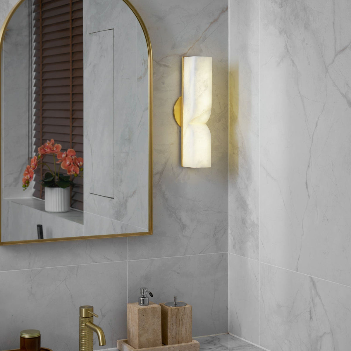 Alabaster LED Wall Light Fixture 14 inches Hardwired Gold Black Finish Adjustable Color Temperature for Bedroom Hallway Living Room Modern A