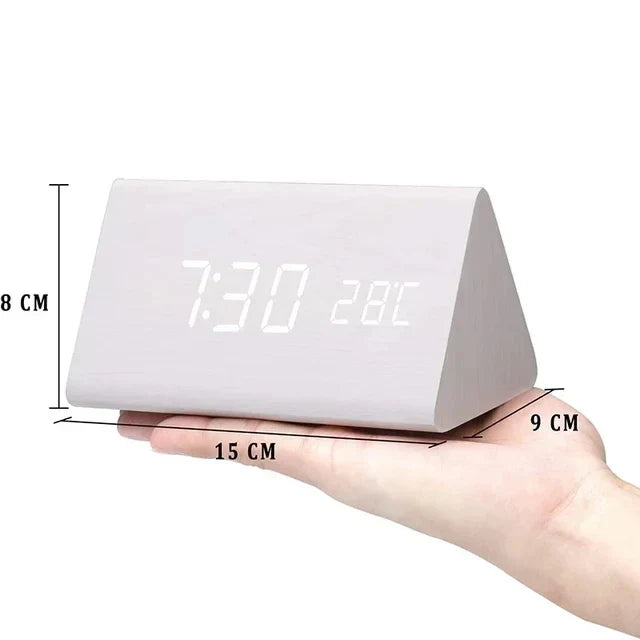 Wood-Style Digital Alarm Clock with LED Display & Voice Control – 3 Alarms, Adjustable Brightness & Temperature Display for Bedroom