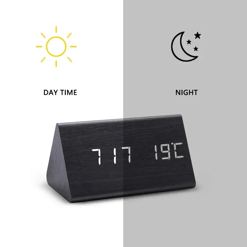 Wood-Style Digital Alarm Clock with LED Display & Voice Control – 3 Alarms, Adjustable Brightness & Temperature Display for Bedroom