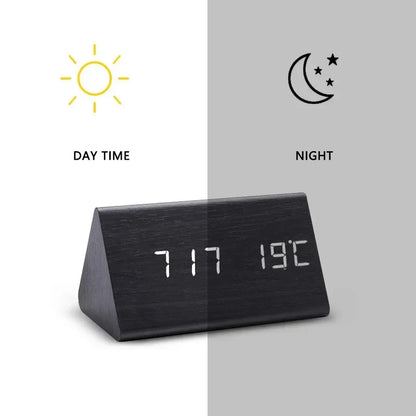 Wood-Style Digital Alarm Clock with LED Display & Voice Control – 3 Alarms, Adjustable Brightness & Temperature Display for Bedroom