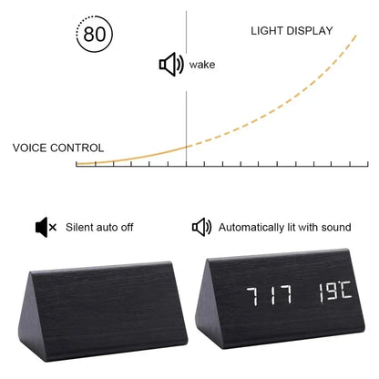 Wood-Style Digital Alarm Clock with LED Display & Voice Control – 3 Alarms, Adjustable Brightness & Temperature Display for Bedroom