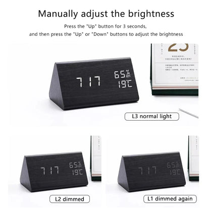 Wood-Style Digital Alarm Clock with LED Display & Voice Control – 3 Alarms, Adjustable Brightness & Temperature Display for Bedroom