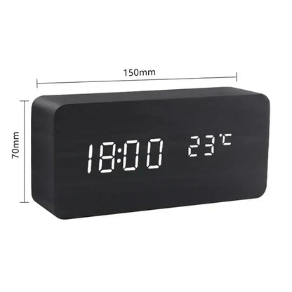 Voice-Activated Digital Alarm Clock with LED Temperature Display, Wood Grain Finish for Bedroom Nightstand, Triple Alarm System for Heavy