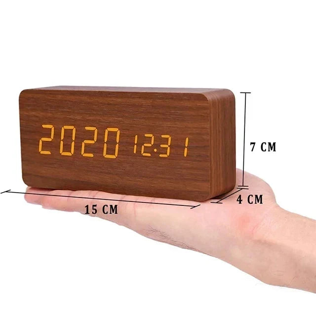 Voice-Activated Digital Alarm Clock with LED Temperature Display, Wood Grain Finish for Bedroom Nightstand, Triple Alarm System for Heavy