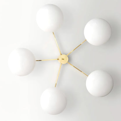 Five-Arm Flush Mount Ceiling Fixture with Milky White Shades in Warm Gold Finish for Kitchen Island Bedroom Hallway Entry Foyer Low Profile