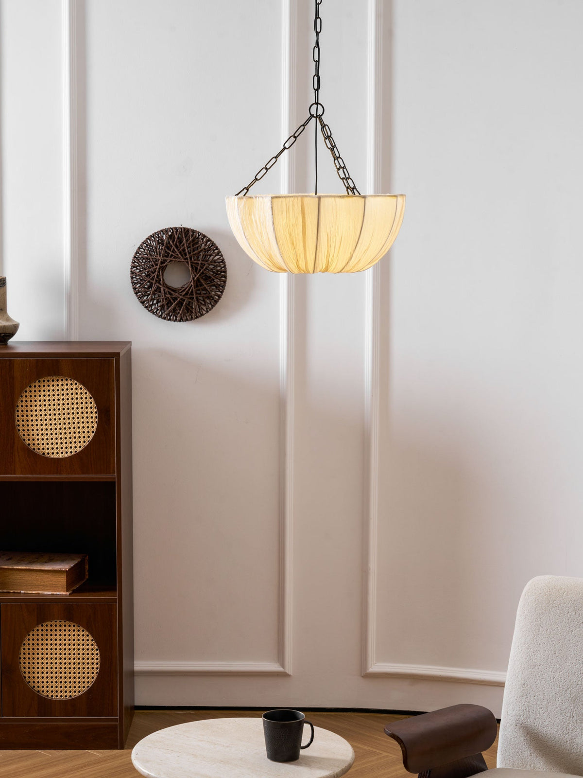 Fabric Drum Ceiling Light with Bowl Shade for Kitchens and Dining Areas 16 Inch Adjustable Hanging Fixture Neutral Beige Cloth Lampshade Thr