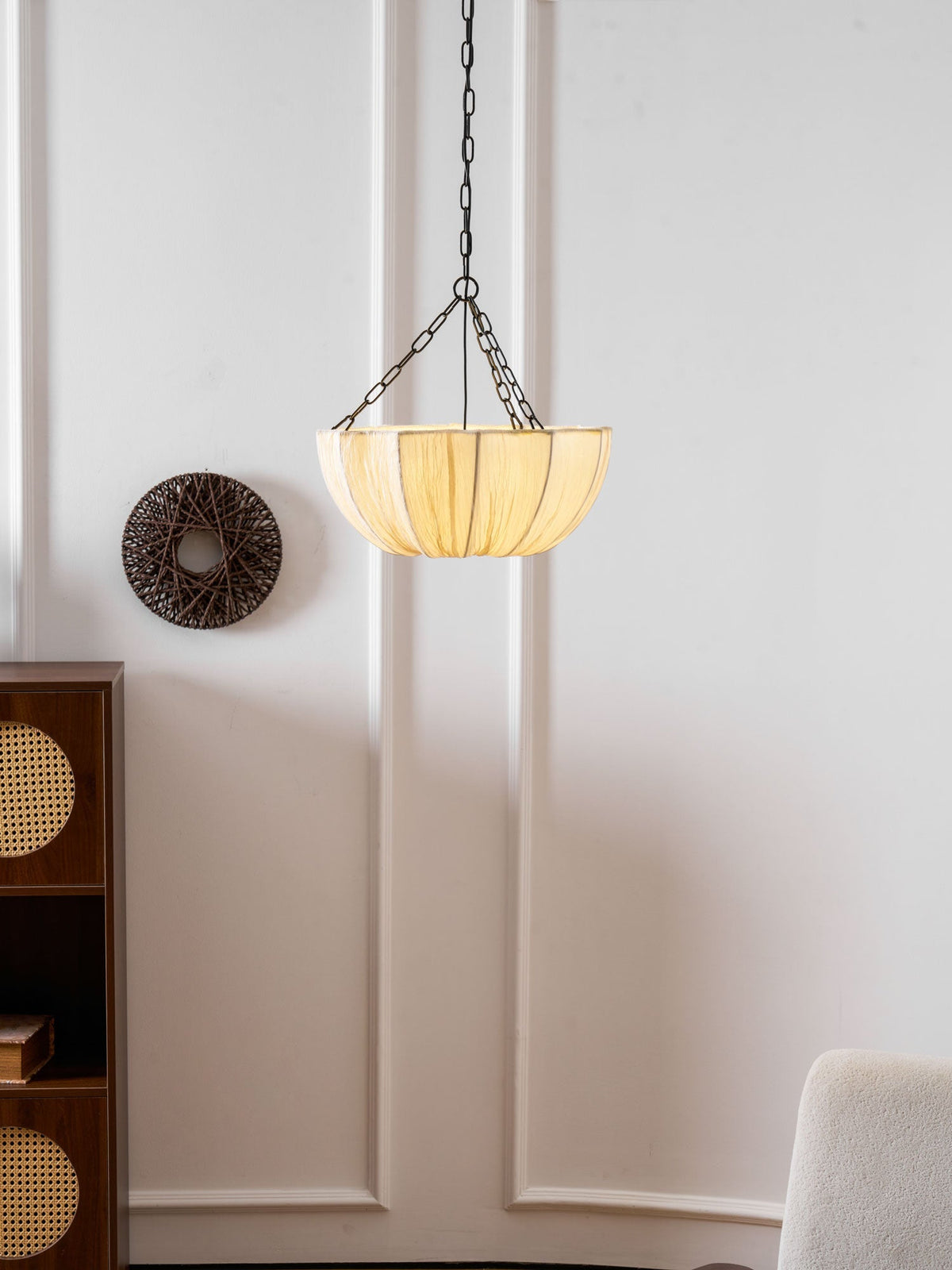 Fabric Drum Ceiling Light with Bowl Shade for Kitchens and Dining Areas 16 Inch Adjustable Hanging Fixture Neutral Beige Cloth Lampshade Thr