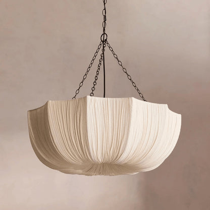 Fabric Drum Ceiling Light with Bowl Shade for Kitchens and Dining Areas 16 Inch Adjustable Hanging Fixture Neutral Beige Cloth Lampshade Thr