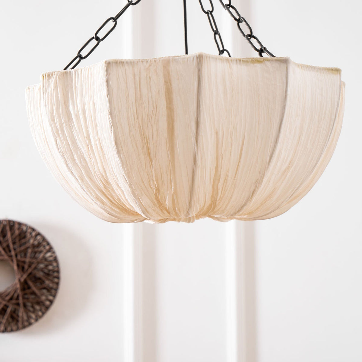 Fabric Drum Ceiling Light with Bowl Shade for Kitchens and Dining Areas 16 Inch Adjustable Hanging Fixture Neutral Beige Cloth Lampshade Thr