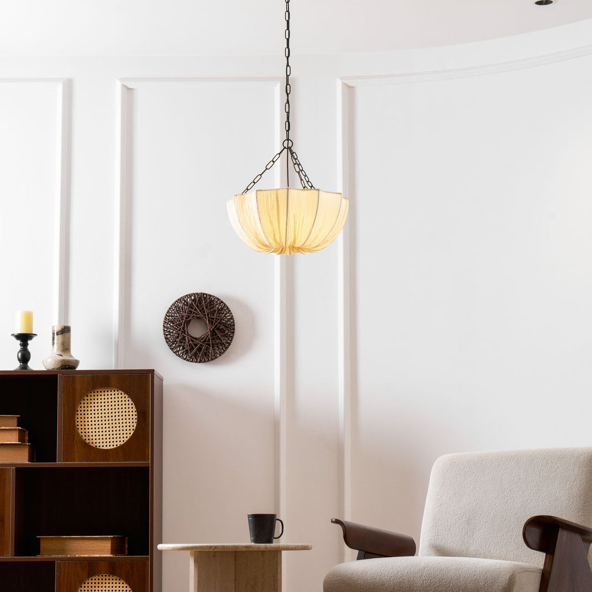 Fabric Drum Ceiling Light with Bowl Shade for Kitchens and Dining Areas 16 Inch Adjustable Hanging Fixture Neutral Beige Cloth Lampshade Thr