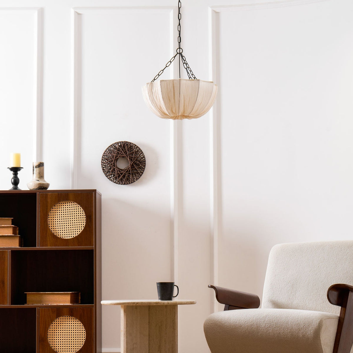 Fabric Drum Ceiling Light with Bowl Shade for Kitchens and Dining Areas 16 Inch Adjustable Hanging Fixture Neutral Beige Cloth Lampshade Thr