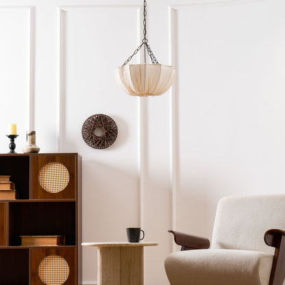 Fabric Drum Ceiling Light with Bowl Shade for Kitchens and Dining Areas 16 Inch Adjustable Hanging Fixture Neutral Beige Cloth Lampshade Thr